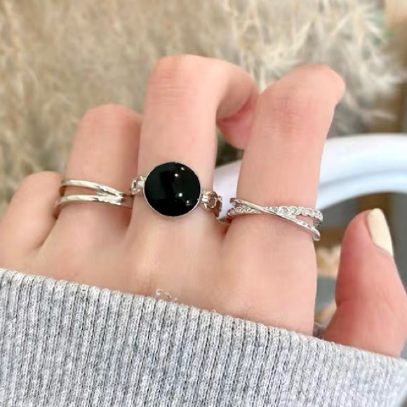 Three Rhinestones Black Enamel Open End Rings Set - Picture 1 of 8